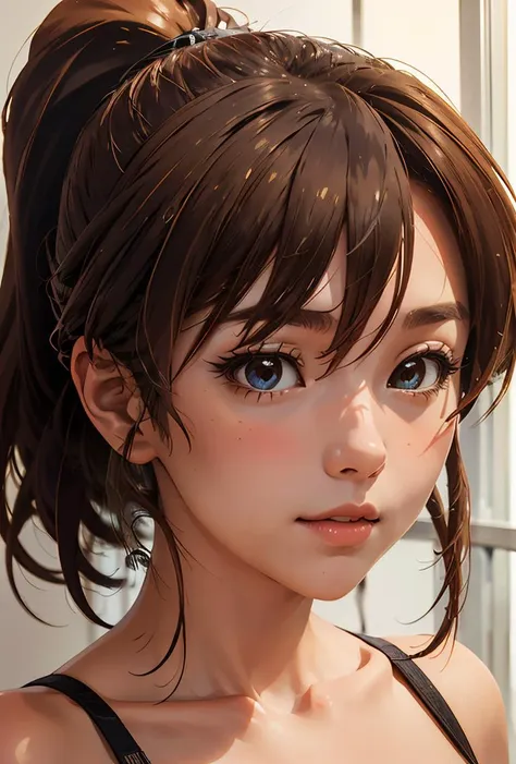 anime girl with brown hair and blue eyes looking at the camera