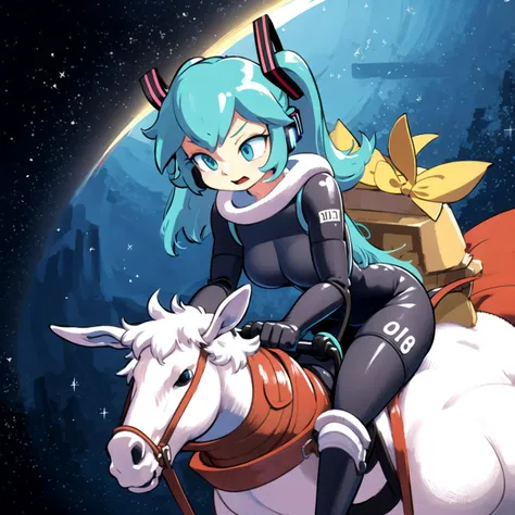 best quality, high quality, hatsune miku, riding a horse, spacesuit, art by <lora:minus8-repeats-12-net-128-alpha-64:1>