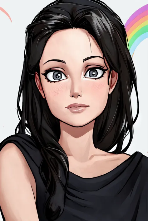 a cartoon girl with long black hair and a black top