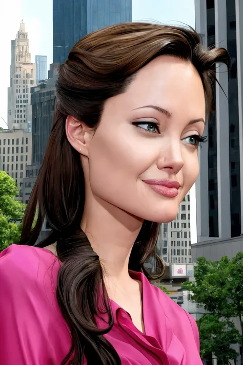 Angelina Jolie closeup, 2000s,  cute,  closeup, upper body, 
,Polaroid,
interesting,
Magenta shirt, 
 highres, detailed, , 
Downtown skyscrapers and bustling lunch hour at the background, best quality, masterpiece,   
<lora:Angelina:0.65>