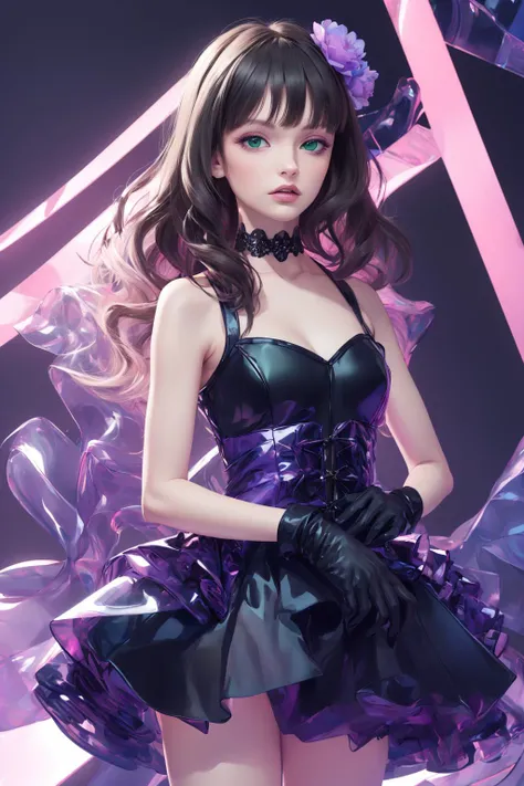 ((masterpiece)), (best quality), official art, extremely detailed CG, unity 8k wallpaper, ultra detailed, 
fashion background,
1girl, rin shibuya, black hair, (green eyes:1.5), long hair, idol, black gothic dress (idolmaster), black shirt, sleeveless, slee...