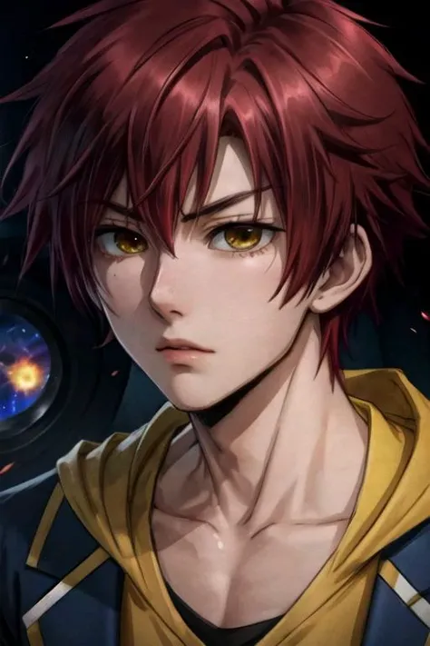 masterpiece, best quality, sketch, 1boy, solo, male focus, looking at viewer, , depth of field, , , <lora:theo_hamatora:0.66>, theo_hamatora, red hair, yellow eyes, , science fiction time travel,