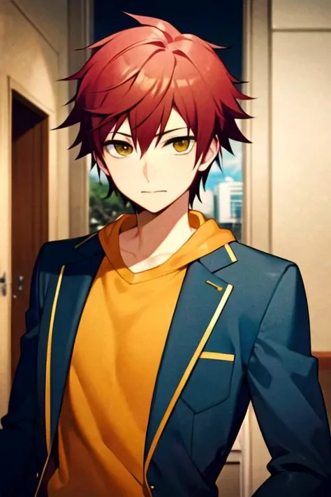 masterpiece, best quality, photorealistic, 1boy, solo, male focus, looking at viewer, upper body, , anime coloring, , <lora:theo_hamatora:0.66>, theo_hamatora, red hair, yellow eyes, , hotel, 32k resolution