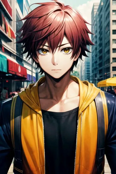 masterpiece, best quality, , 1boy, solo, male focus, looking at viewer, , depth of field, anime coloring, realistic, <lora:theo_hamatora:0.68>, theo_hamatora, red hair, yellow eyes, , science fiction cyberpunk,