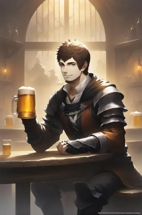 Best aesthetic,  official_art,  illustration,  original,  promotional art,  very nsfw,  BREAK,  (ardbert_hylfyst:1.2,  final_fantasy_xiv,  goatee),  cowboy shot,  closeup,  BREAK,  1boy,  sitting,  inn,  table,  beer,  smile,  detailed background,  best qu...