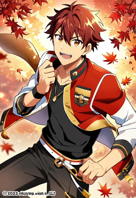 1boy, male focus, morisawa chiaki, ensemble stars!, solo, muscular male, best quality, amazing quality, best aesthetic, absurdres, smile, looking at viewer, autumn autumn leaves, :d, official style, year 2023,