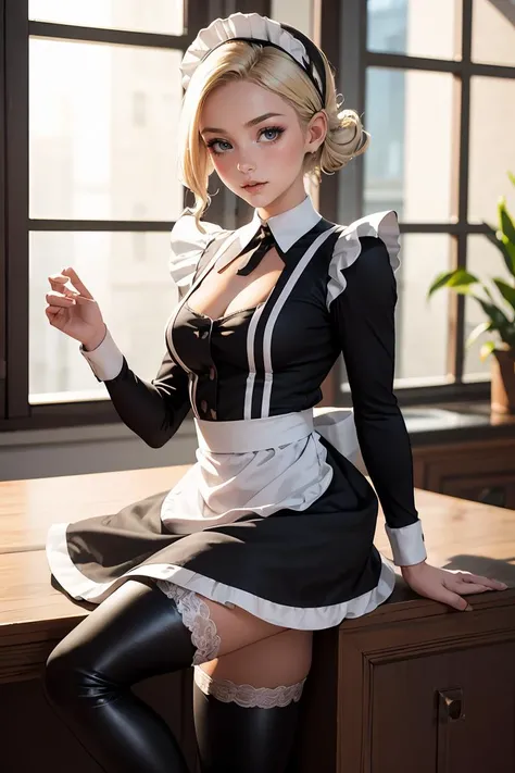 (masterpiece, best quality), 1girl,    Ash Blonde Curly Mohawk Updo with Glitter Roots, medium breasts,  <lora:Black_Maid_By_Stable_Yogi:0.8> maid dress, long sleeves, black leggings, black boots, lace trim, maid headdress