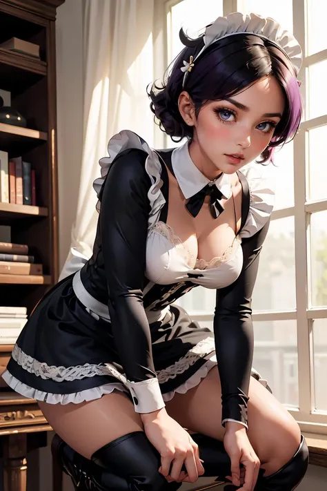 (masterpiece, best quality), 1girl,    Dark Violet Curly Top with Fade, Sizes M to Z breasts,  <lora:Black_Maid_By_Stable_Yogi:0.8> maid dress, long sleeves, black leggings, black boots, lace trim, maid headdress