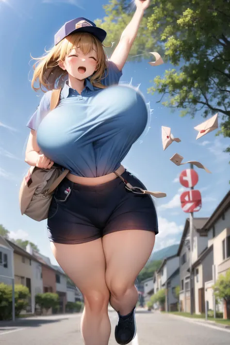 bouncing breasts, mailman, gigantic breasts, unaligned breasts, motion blur, running, closed eyes, messenger bag, envelope letter, shorts, collared shirt, blue shirt, hat, wide hips, <lora:mailman-10:0.6>, <lora:bouncingBreasts_v1:0.6>,