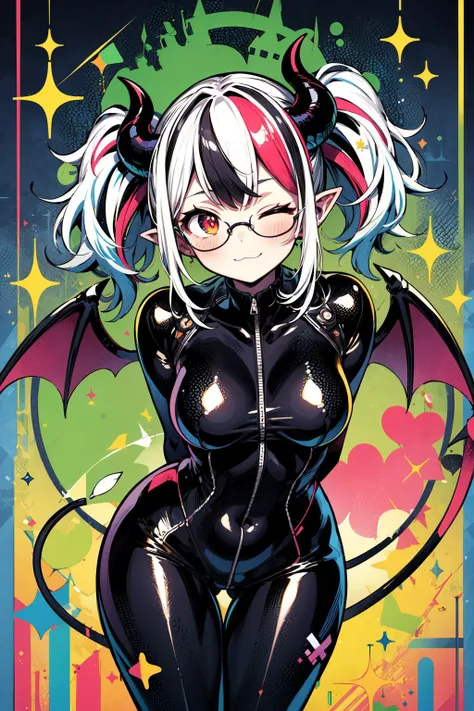 masterpiece,best quality,light particles,1girl,(solo),demon horns,twintails,streaked hair,bodysuit,shiny bodysuit,glasses,demon wings,medium breasts,wide hips,thick thighs,:3,one eye closed,(bent over),arms behind back,(multicolored background),cowboy shot...