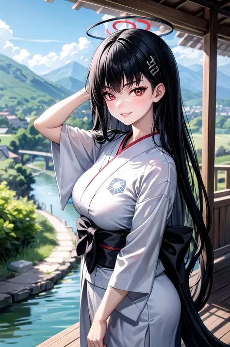 (masterpiece, best quality, detailed), 1girl, solo, rio tsukatsuki, halo, very long hair, hair ornament, looking at viewer, 
yukata, kimono, obi, print kimono, japanese clothes, short kimono, hair flower, outdoors, house, rural, village, scenery, path, riv...