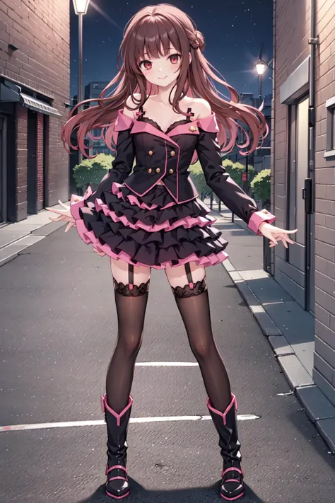 , masterpiece, best quality,shiny,chromatic aberration abuse,pastel color,full body, 
1girl,solo, <lora:Aoi2:0.4>aoisan,red eyes,brown hair,smile,
standing,street,night,
 <lora:sweetdevil:1>,layered skirt,long sleeves,underwear,black thighhighs,high heel b...