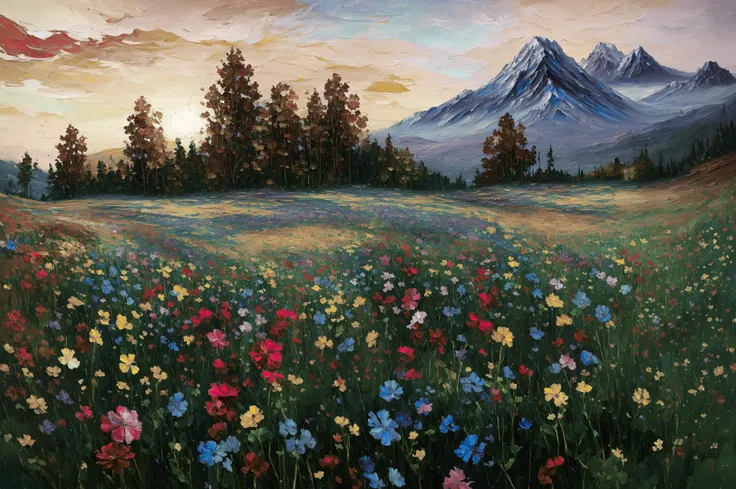 painting of a field of flowers with a mountain in the background