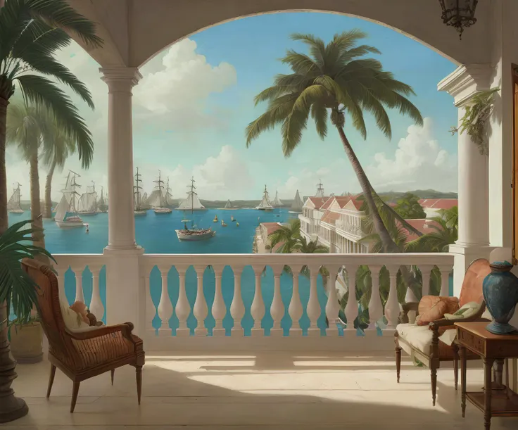 there is a painting of a view of a harbor from a porch