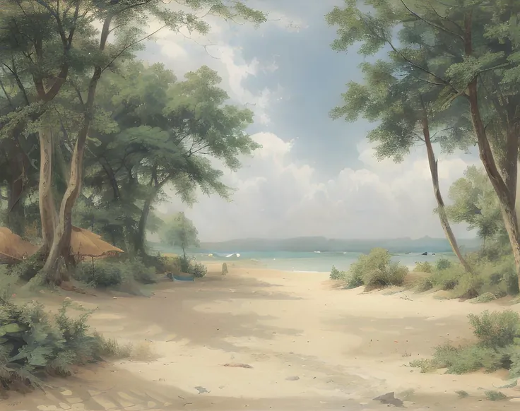 painting of a beach with a hut and trees on the shore