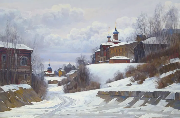 painting of a snowy road with a church in the distance