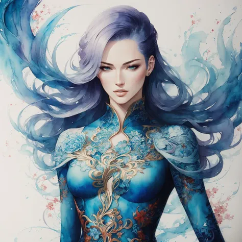 a painting of a woman with blue hair and a blue body