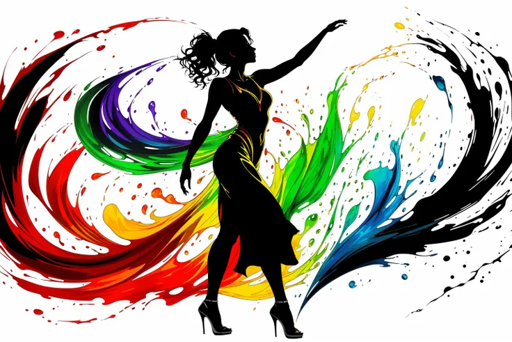 a fine color ink lineart sketching of a woman silhouette with a glossy shiny outline vibrant colors (reflective) [volumetric] splash, colorful, best quality, elegant, sharp clear art,
black background