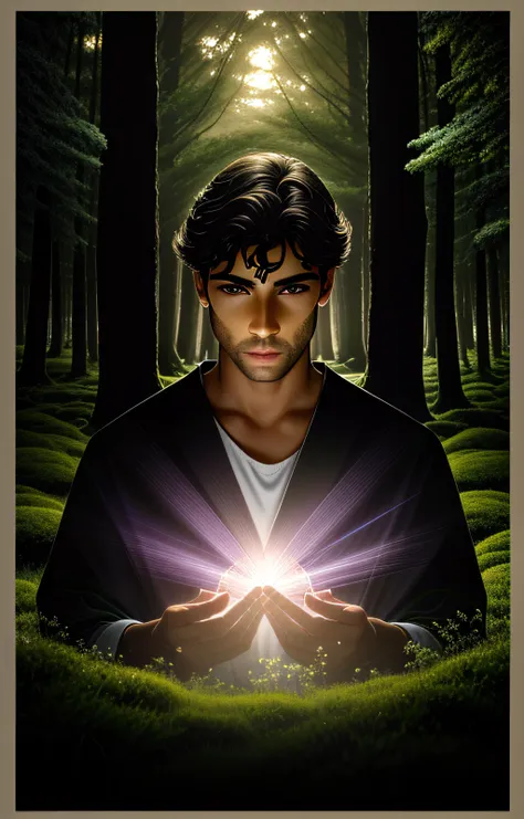 a painting of a man holding a glowing light in a forest