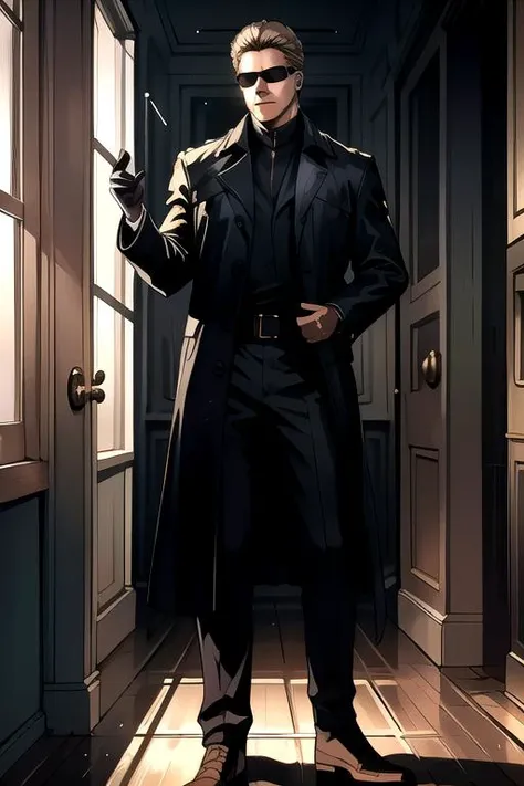 a man in a trench coat and sunglasses standing in a hallway