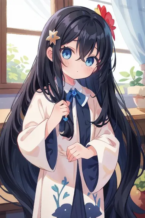 masterpiece, best quality, absurdres, ultra detail,<lora:GoodHands-vanilla:0.8> <lora:anmnr01:0.3> <lora:add_detail:0.5>,1girl, ,long hair,hair ornament,black hair,bangs,very long hair,blue eyes,hair between eyes,