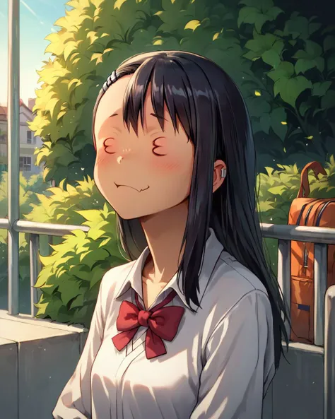 anime girl with long black hair and a bow tie looking out a window