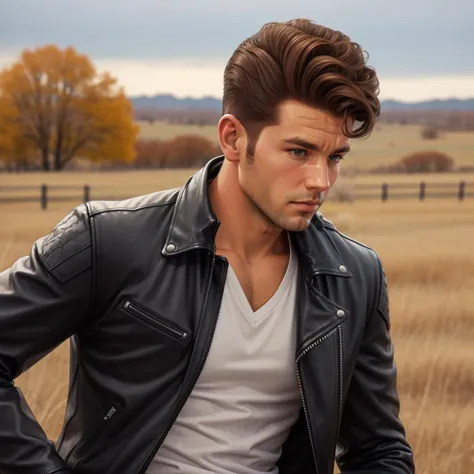 arafed man in a black leather jacket standing in a field