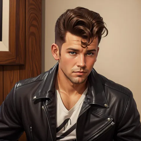 hud_grsr_hr, solo, male focus, 1boy, realistic, leather jacket, brown hair, pompadour, <lora:hud_grsr_hr_sd15:0.75>, southern pr...