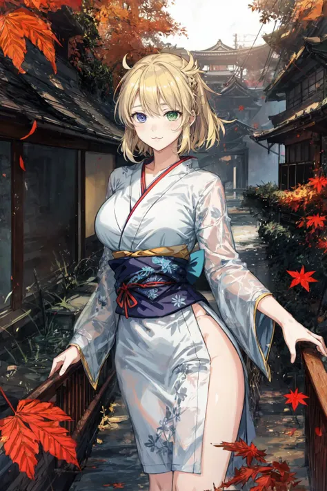 a woman in a kimono outfit standing on a bridge