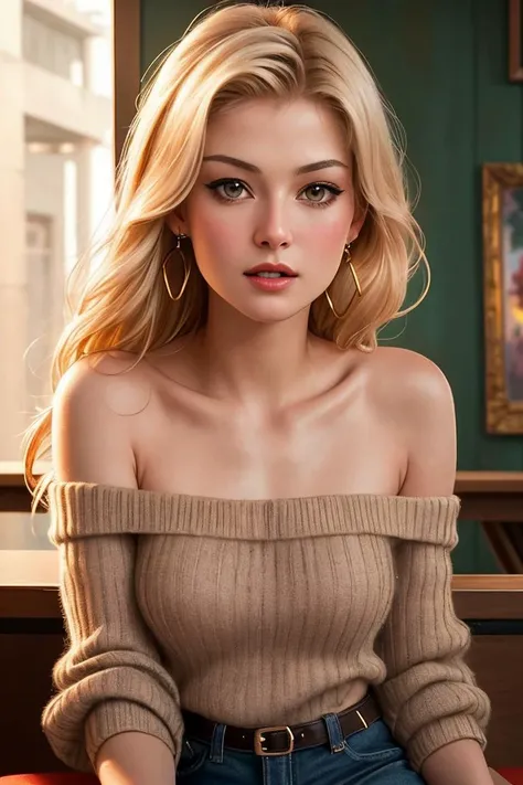 photo of seductive (r0sp1ke-130:0.99), a woman as a sexy beautiful student, closeup portrait, (sweater off-shoulder with a strap), at an (80s style) cantina sitting bar, (masterpiece:1.5) (photorealistic:1.1) (bokeh) (best quality) (detailed skin texture p...