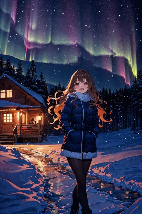 snow, cabin, lake, winter clothes, scenery, scene reference, night, aurora lights,, (masterpiece, top quality, best quality, beautiful and aesthetic:1.2), (1girl:1.3), original, high resolution, surreal,, the pose, wavy mouth, closed mouth, panorama, gradi...