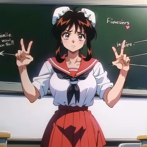 anime girl in uniform standing in front of a blackboard with a chalkboard