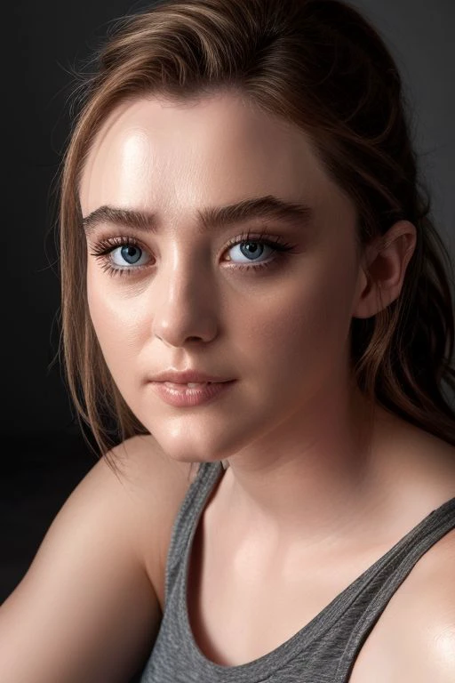 a close up of a woman with a gray tank top and a black background