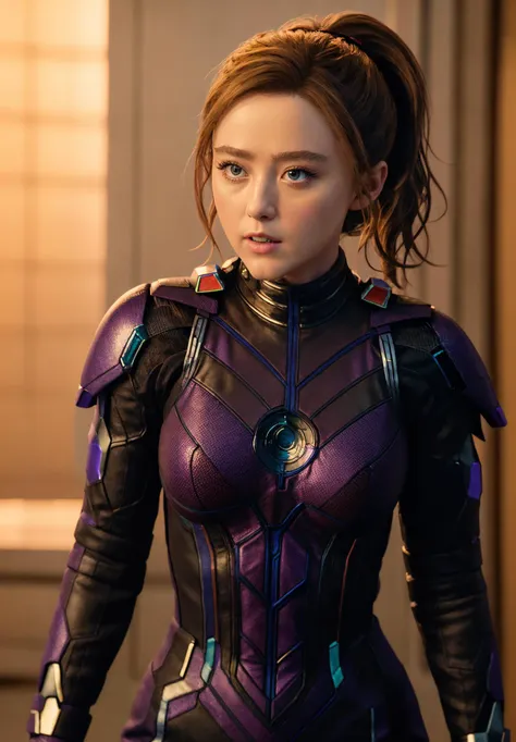 a woman in a purple suit with a sword and a helmet