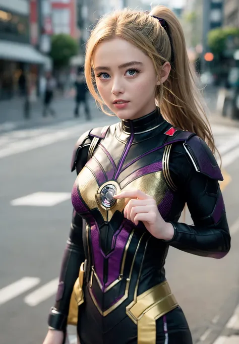 a woman in a costume is standing on a city street