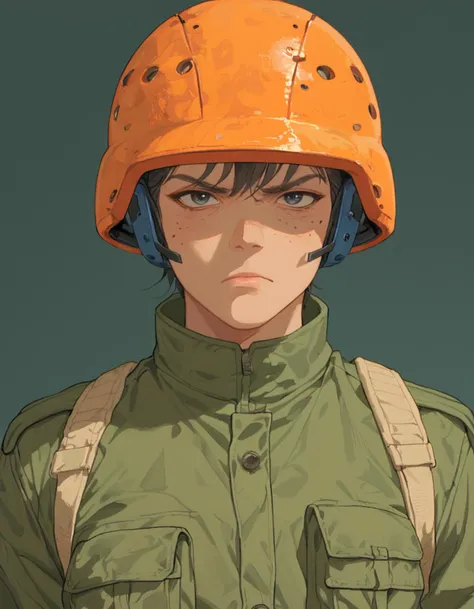 anime boy in a helmet with a green jacket and orange helmet