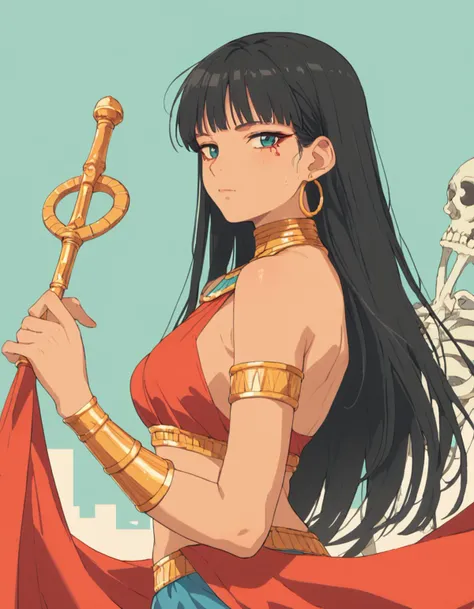 a woman in a red dress holding a sword and a skeleton