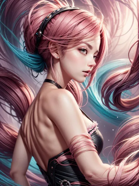 modelshoot style, (extremely detailed CG unity 8k wallpaper), glamour close-up shot from side of upper body of pink hair girl (surrounded by swirling pink magic), flowing fabric, pink fabric, princess casting magic, aura, ,dynamic pose, cinematic lighting,...