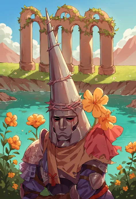 a cartoon knight with a hat and a sword in front of a river