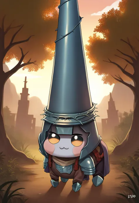 a cartoon character wearing a hat and armor stands in a forest