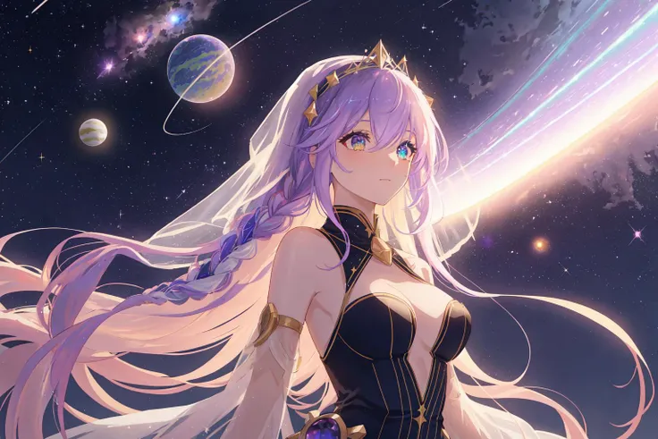 Starfield, nightsky, moons, alien planets, floating in space, sunsystem, solar system, asteroid belt, aurora, nebula, galaxy, 
1girl, beautiful alien princess, long hair, glittering pink purple streaked hair, celtic braid, medium breasts, glittering eyes, ...