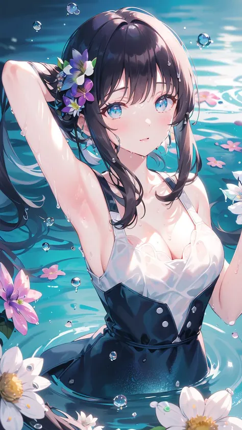 anime girl in a dress in the water with flowers in her hair