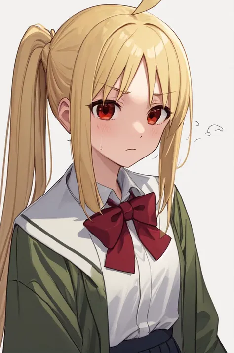 anime girl with long blonde hair and red eyes wearing a bow tie