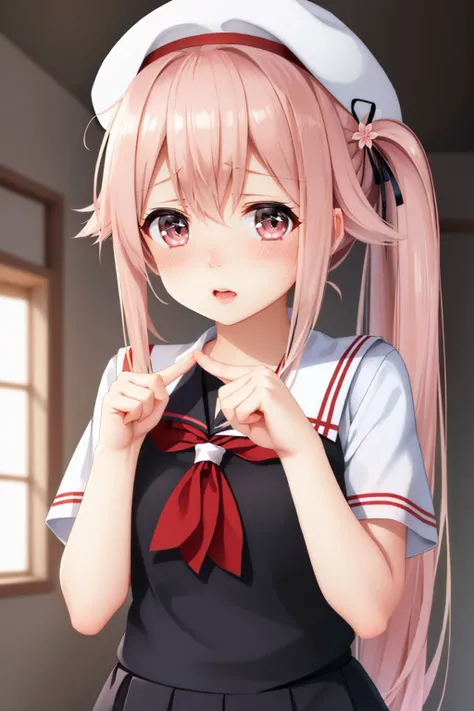 (masterpiece, best quality:1.2), <lyco:kancolle_harusame-10:0.8>, <lyco:concept_indexfingerstogether-10:1.0>, solo, 1girl, harusame, blush, nervous, closed mouth, index fingers together, side ponytail, hair ornament, beret, school uniform, black serafuku, ...