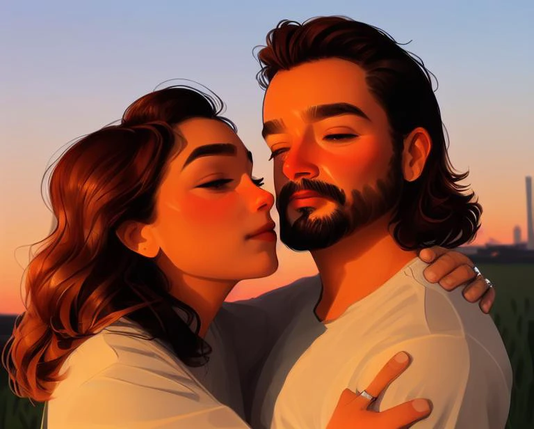 volumetric lighting, at Sunset time, digital hand drawn image, close-up profile side view of young super cute (Ximena Sariana cuddling male Zachary Scott), [Buenos Aires Argentina:0.7], drawn perfectly in the style of sda <lora:SDA-style_V15_Reged:0.9>