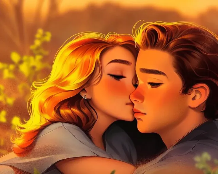 volumetric lighting, at Sunset time, digital hand drawn image, close-up profile side view of young super cute (Astrid S cuddling with male Dan Duryea), [Kerry Ireland:0.7], drawn perfectly in the style of sda <lora:SDA-style_V15_Reged:0.9>