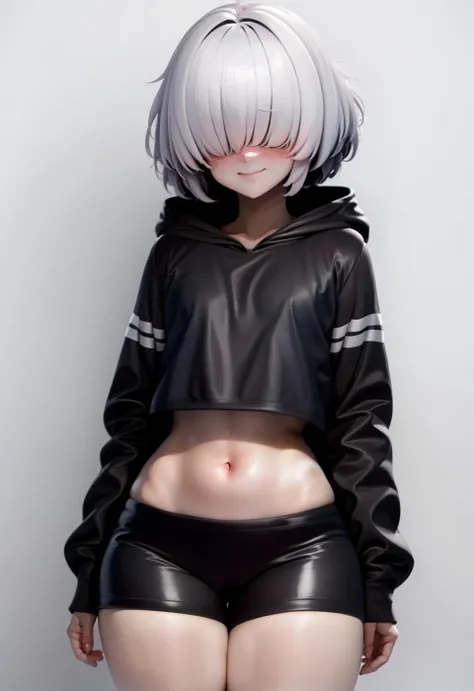 +++, 1girl, hyper detailed, 3d, ahoge, bangs, bike shorts, black hoodie, black shorts, blush, full body, closed mouth, crop top, cropped hoodie, grey hair, hair over eyes, hood, hood down, hoodie, long sleeves, midriff, navel, short hair, shorts, simple ba...