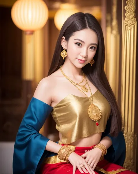 1girl, (ulzzang-6500:0.7), kpop idol, yae miko, detached sleeves, bare shoulders, gold hair, long hair, thai clothes, best quali...