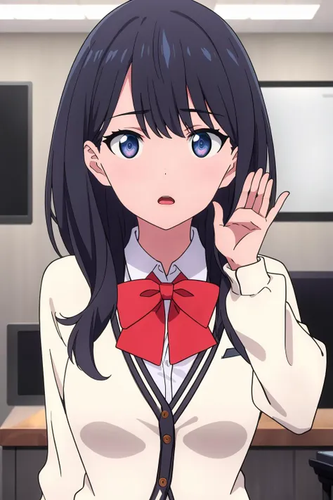 anime girl with long black hair and blue eyes in a white shirt