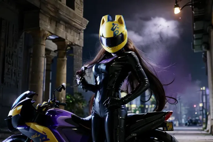 araffe in a latex outfit is standing next to a motorcycle